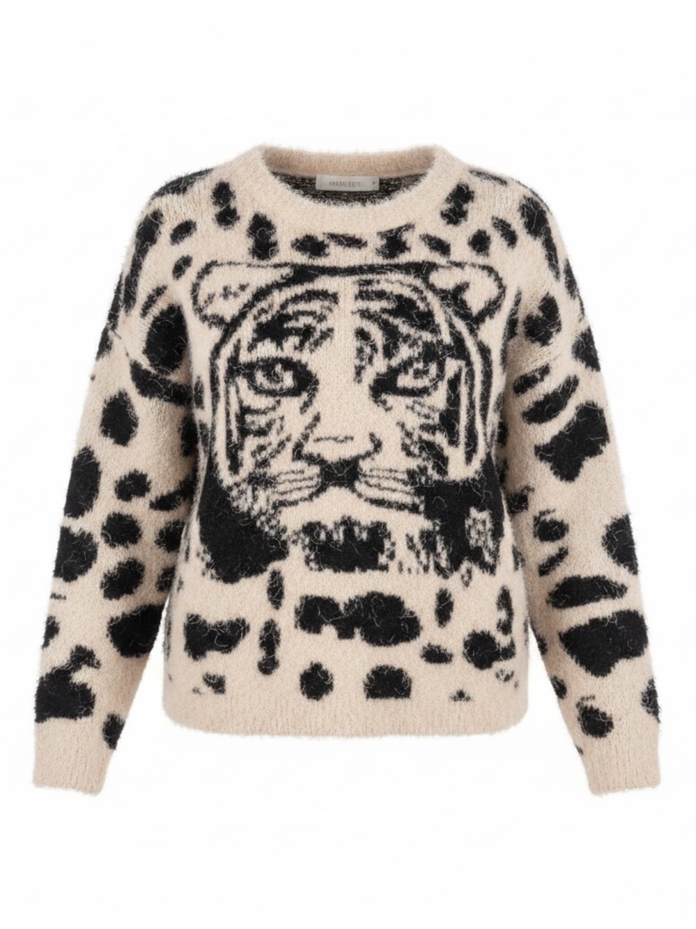 Love by Design S fuzzy cream/black tiger animal print crew neck sweater